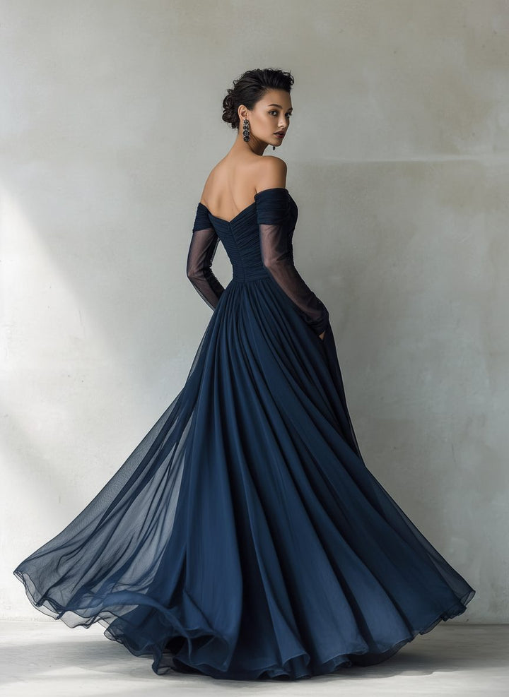 Chic off-shoulder maxi dress for women, with delicate long sheer sleeves. A sophisticated choice for formal parties.