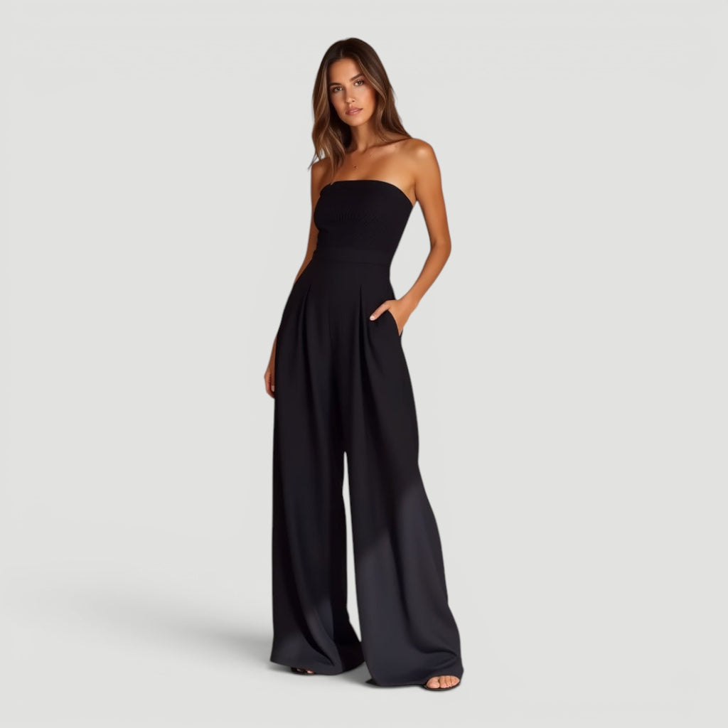 Comfortable beige wide leg strapless jumpsuit, a versatile women's outfit for casual chic summer fashion.