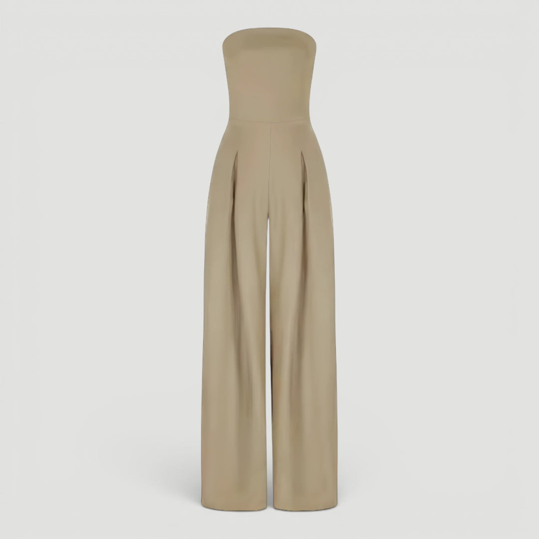 Stylish black women's strapless wide leg jumpsuit. A comfortable, elegant option for summer and party outfits.