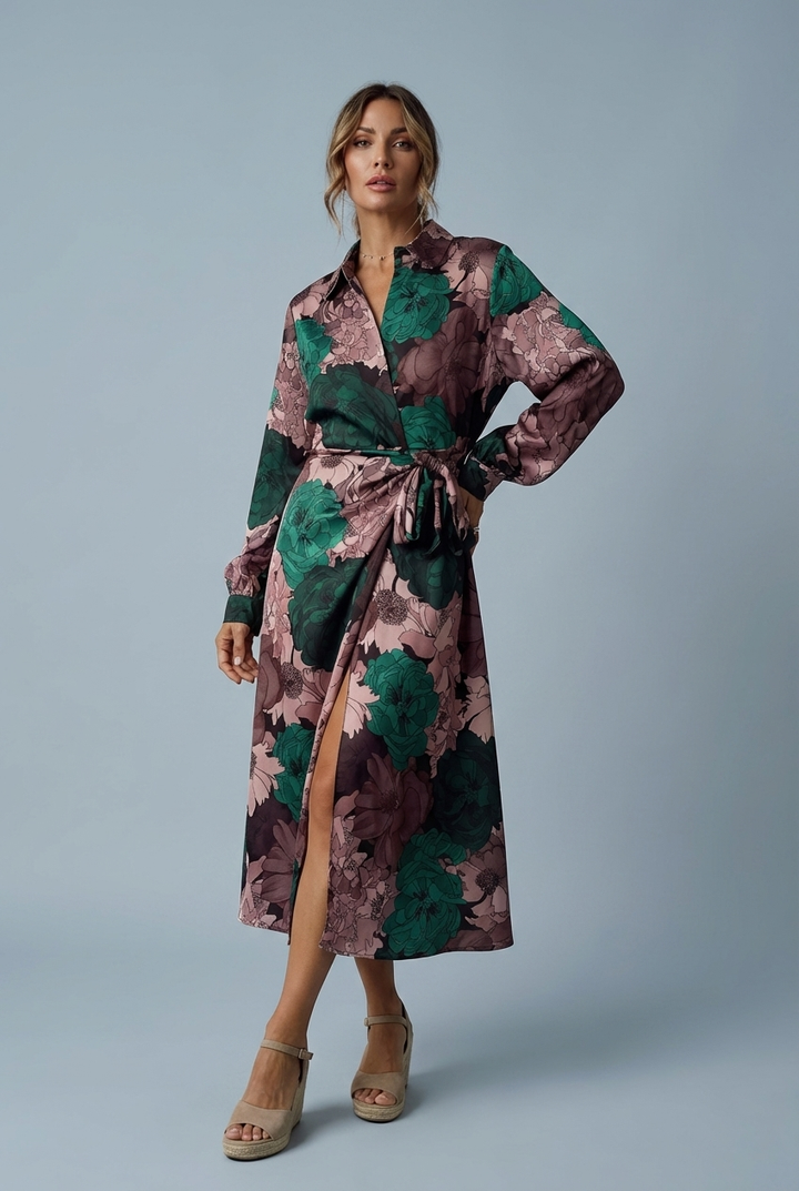 Elegant dark green floral maxi dress for women with long sleeves & tie waist, perfect for evening occasions.