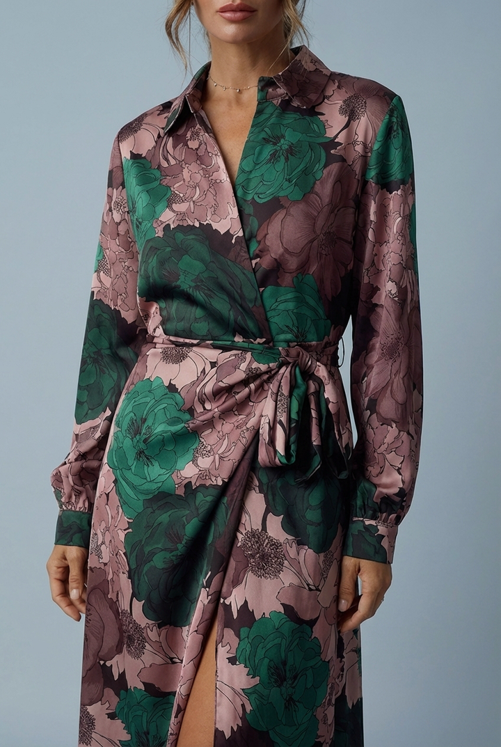 Women's long sleeve floral maxi dress featuring an elegant dark green print & stylish tie waist detail.