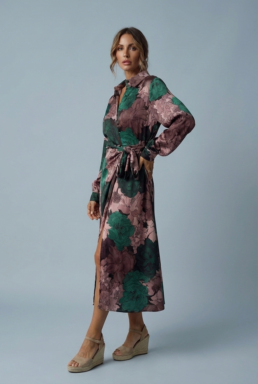 Comfortable women's elegant floral long sleeve maxi dress with tie waist, ideal for special occasions.