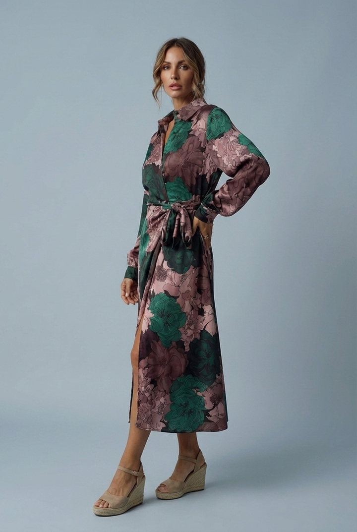 Comfortable women's elegant floral long sleeve maxi dress with tie waist, ideal for special occasions.