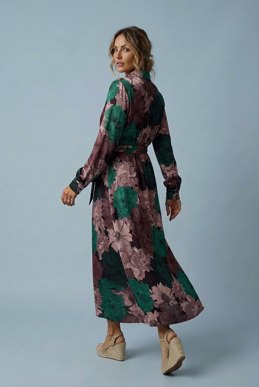 Stylish dark green floral maxi dress for women, featuring elegant long sleeves & a flattering tie waist design.