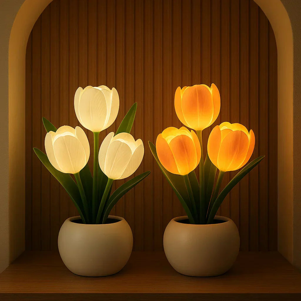 Elegant decorative tulip LED lamp casting a warm, dimmable glow, perfect for modern home decor.