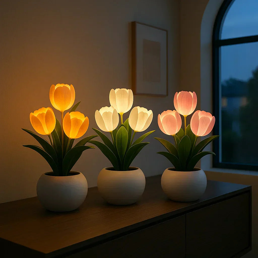 Warm dimmable LED flower lamp, a decorative tulip table light, perfect for cozy bedroom or desk ambient lighting.