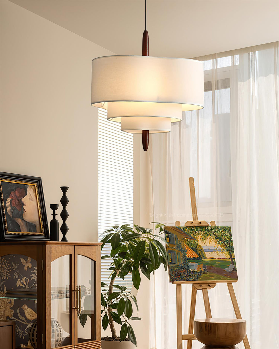 Adjustable height fabric & wood pendant light. Modern ceiling lamp.