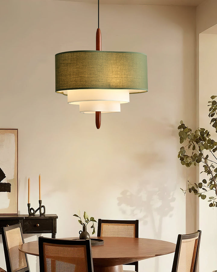 Versatile fabric & wood pendant light. Suits modern or minimalist decor.