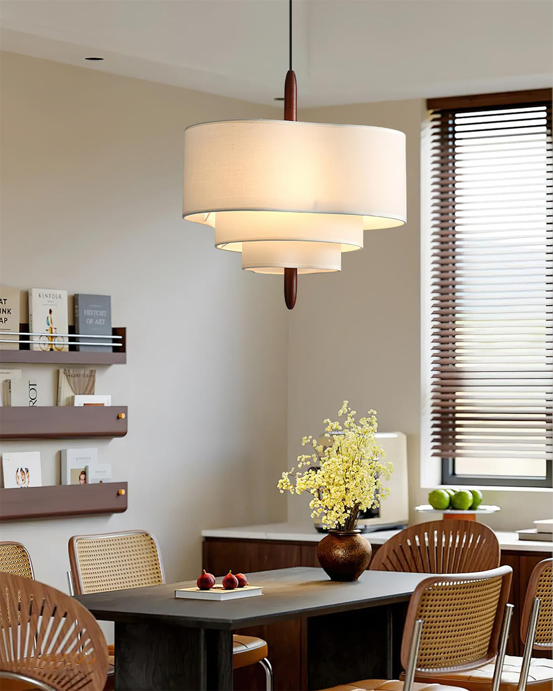 Modern fabric wood pendant light for kitchen island or dining room.