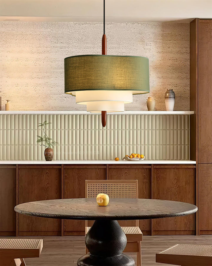Adjustable fabric wood pendant ceiling light, perfect for bedroom decor.