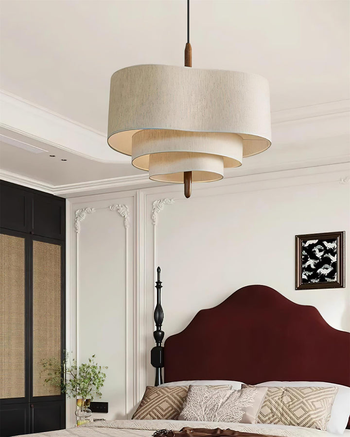 Stylish fabric wood pendant lamp, adds modern elegance to any room.