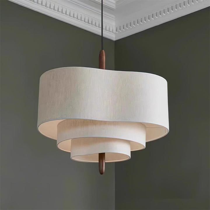 Handcrafted fabric & wood pendant lamp. Sleek modern ceiling fixture.