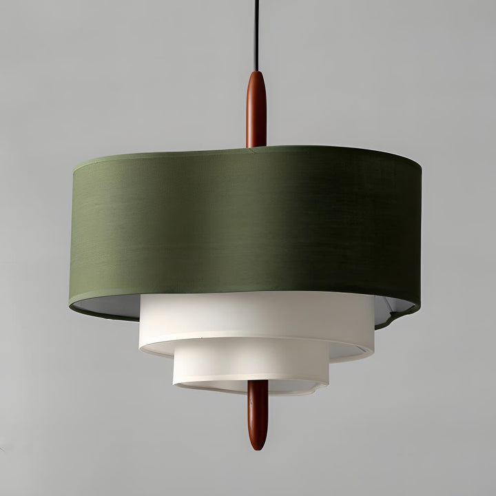 Warm glow fabric & wood pendant light. Cozy modern home lighting decor.