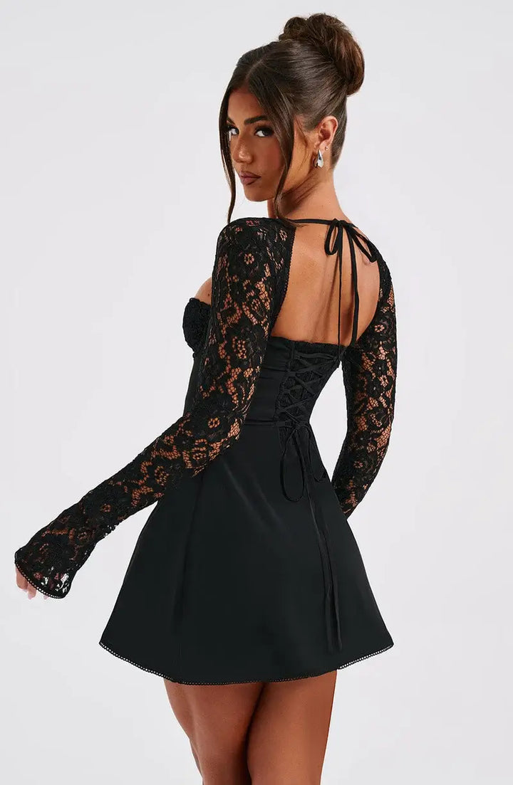 Sweetheart neckline fit & flare mini dress with graceful long lace sleeves, perfect for women's party wear.