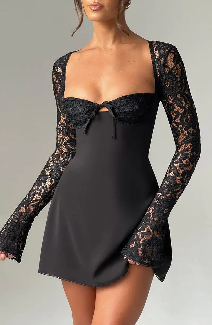 Model wearing a chic women's lace sleeve mini party dress, fit & flare style, sweetheart neckline.