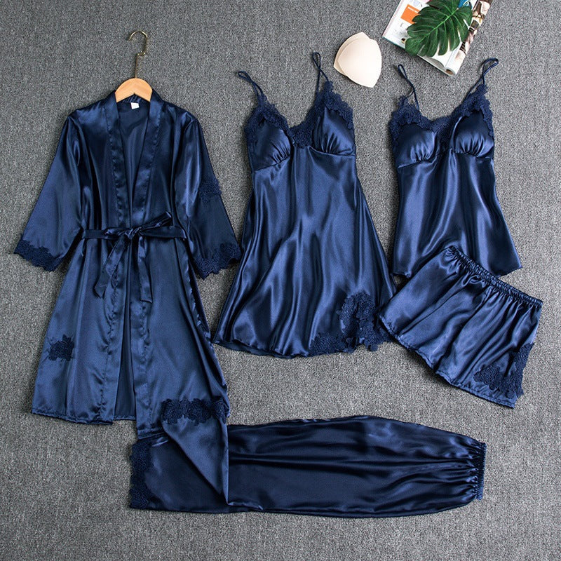 Elegant five-piece women's satin pyjama set. Luxurious loungewear for ultimate comfort and stylish sleep.