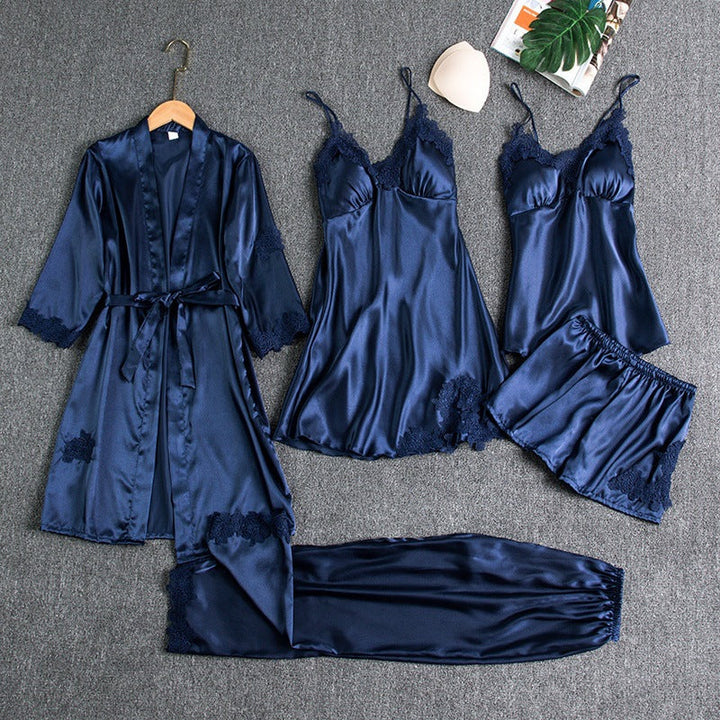 Elegant five-piece women's satin pyjama set. Luxurious loungewear for ultimate comfort and stylish sleep.