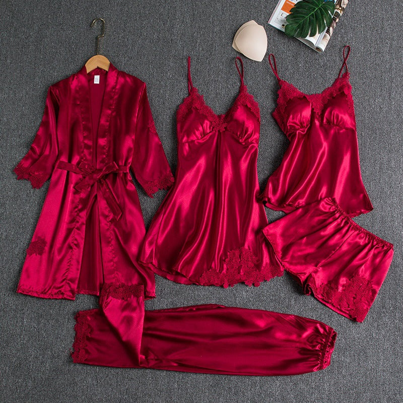 Comfortable five-piece women's sleep set. Elegant satin nightwear, perfect loungewear for relaxation. Gift for her.