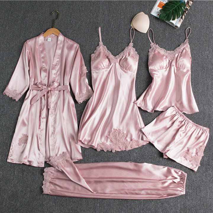 Luxurious women's five-piece satin pyjama set. Elegant sleepwear for comfortable nights. Soft and stylish.