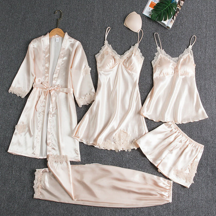 Women's elegant five-piece pyjama set. Comfortable satin loungewear and nightwear for ultimate relaxation.