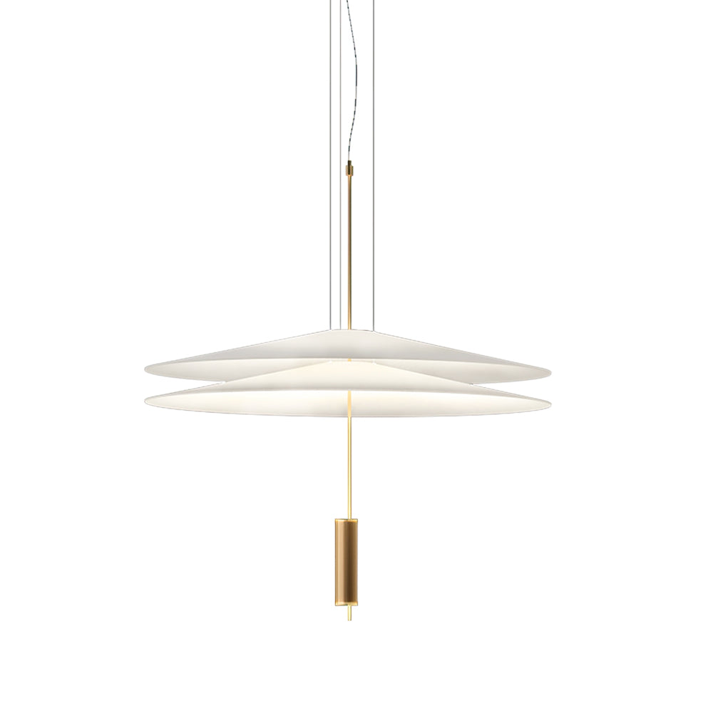 Elegant floating disc LED pendant light, modern gold finish, ambient home illumination.
