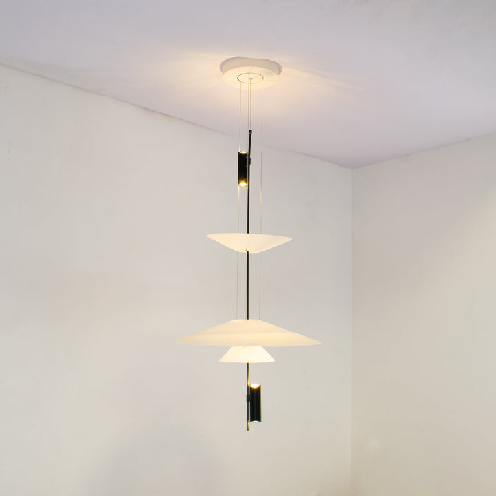 Modern gold floating disc pendant light, integrated LED for ambient home illumination.