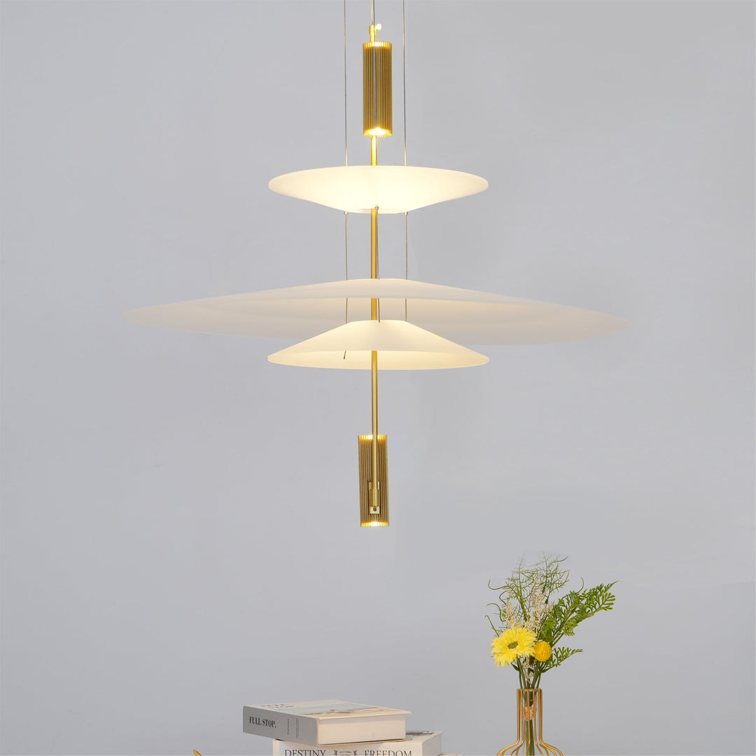 Black contemporary floating disc LED hanging lamp, sleek ceiling fixture.