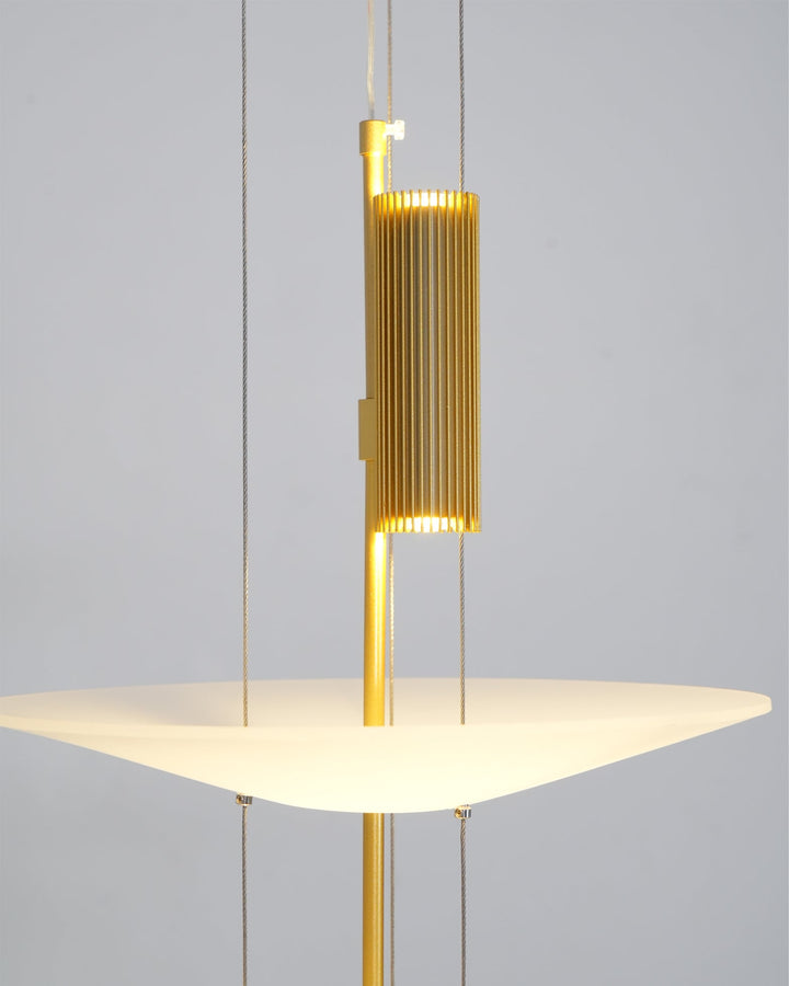 Designer black floating disc pendant, modern LED ceiling fixture, chic decor.