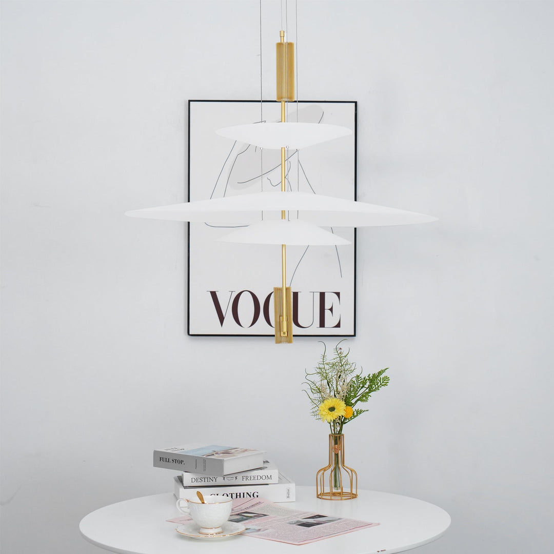 Elegant LED disc hanging lamp, gold floating design, ambient light for any room.
