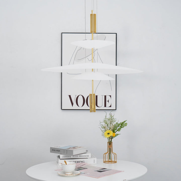 Elegant LED disc hanging lamp, gold floating design, ambient light for any room.