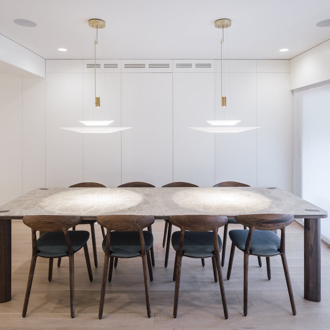 Black minimalist floating disc LED pendant light, contemporary ceiling fixture.