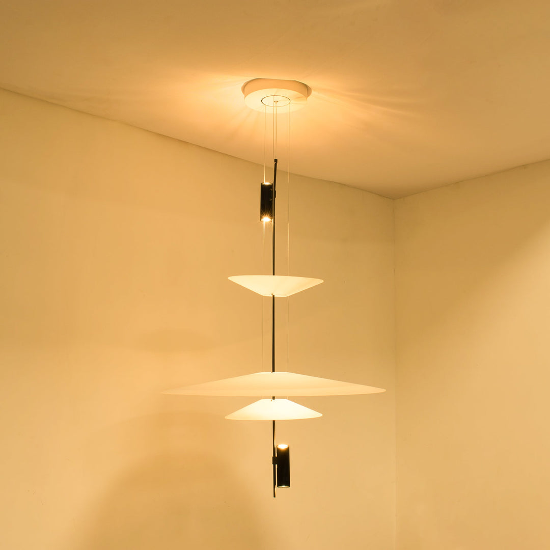 Black floating disc LED pendant light, contemporary style, elegant ceiling fixture.