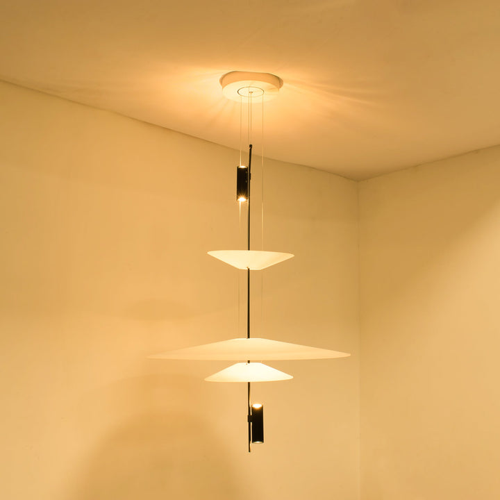 Black floating disc LED pendant light, contemporary style, elegant ceiling fixture.