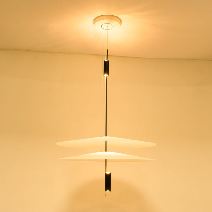 Gold floating disc LED hanging lamp, chic design, bright and warm ambient light.