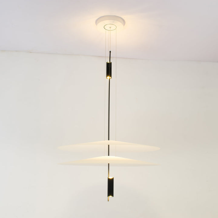 Designer black LED chandelier, floating disc concept, contemporary home lighting.