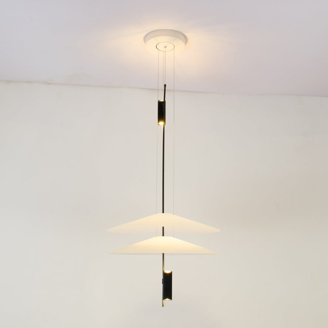 Modern floating disc LED pendant, gold finish, sleek design, home illumination.