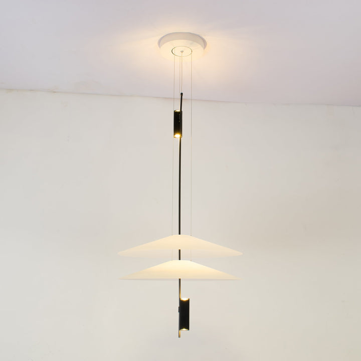 Modern floating disc LED pendant, gold finish, sleek design, home illumination.