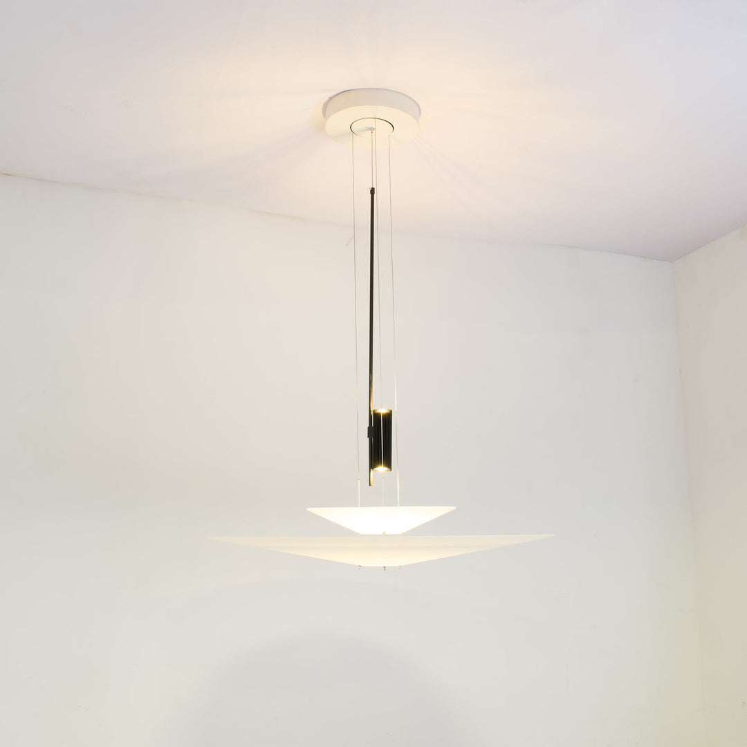 Elegant gold floating disc ceiling fixture, integrated LED, ambient lighting.