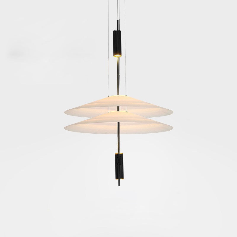 Contemporary gold floating disc pendant, integrated LED, minimalist design.