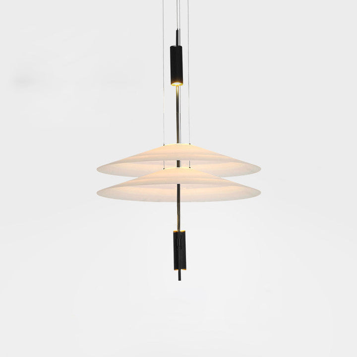 Contemporary gold floating disc pendant, integrated LED, minimalist design.