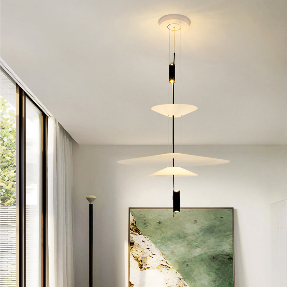 Black modern LED disc light, elegant hanging lamp, ambient home illumination.