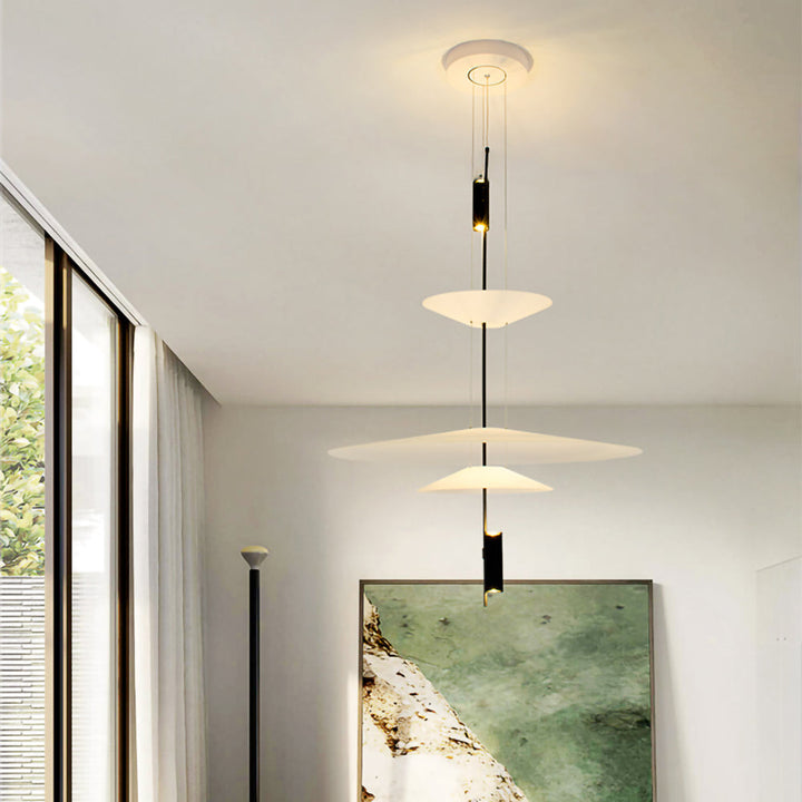 Black modern LED disc light, elegant hanging lamp, ambient home illumination.
