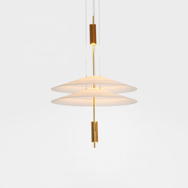 Gold floating disc pendant light, integrated LED, sleek design, contemporary lighting.
