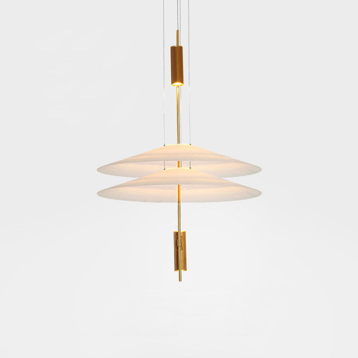 Gold floating disc pendant light, integrated LED, sleek design, contemporary lighting.