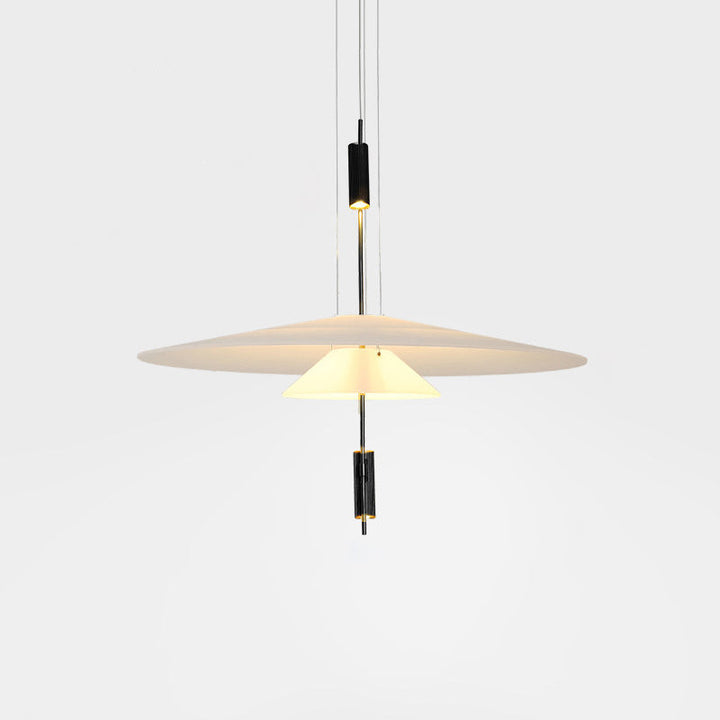 Elegant black floating disc LED chandelier, modern ceiling fixture, ambient light.