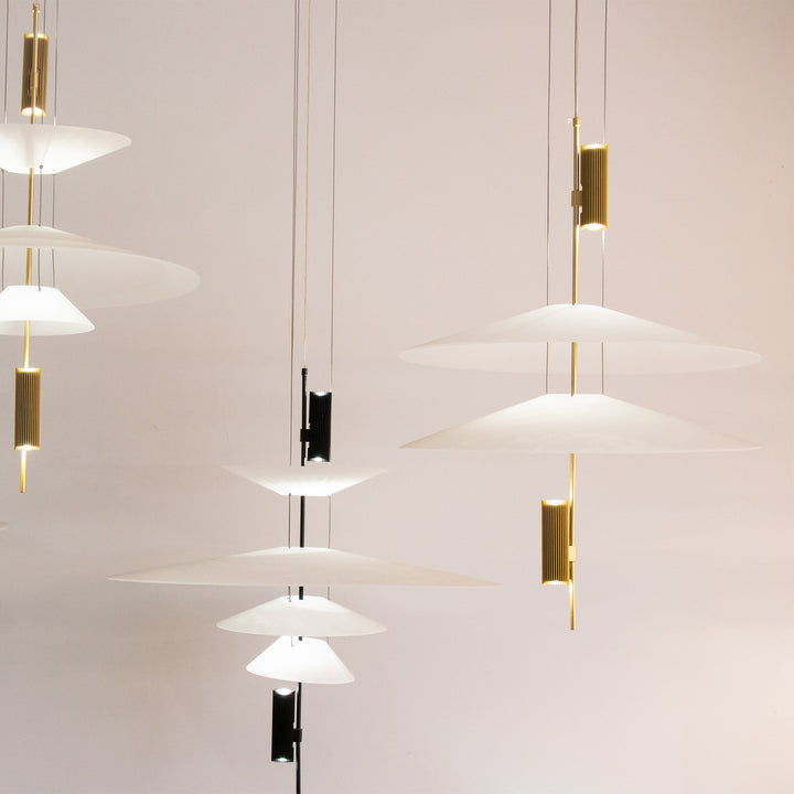 Modern integrated LED disc hanging lamp, gold finish, stylish home illumination.