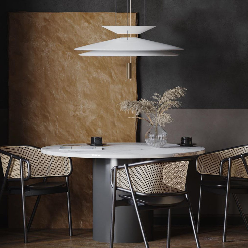 Gold floating disc LED hanging lamp, elegant ambient light, home illumination.