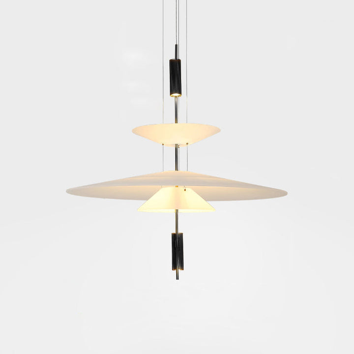 Gold LED chandelier with floating disc, modern design, ambient home illumination.