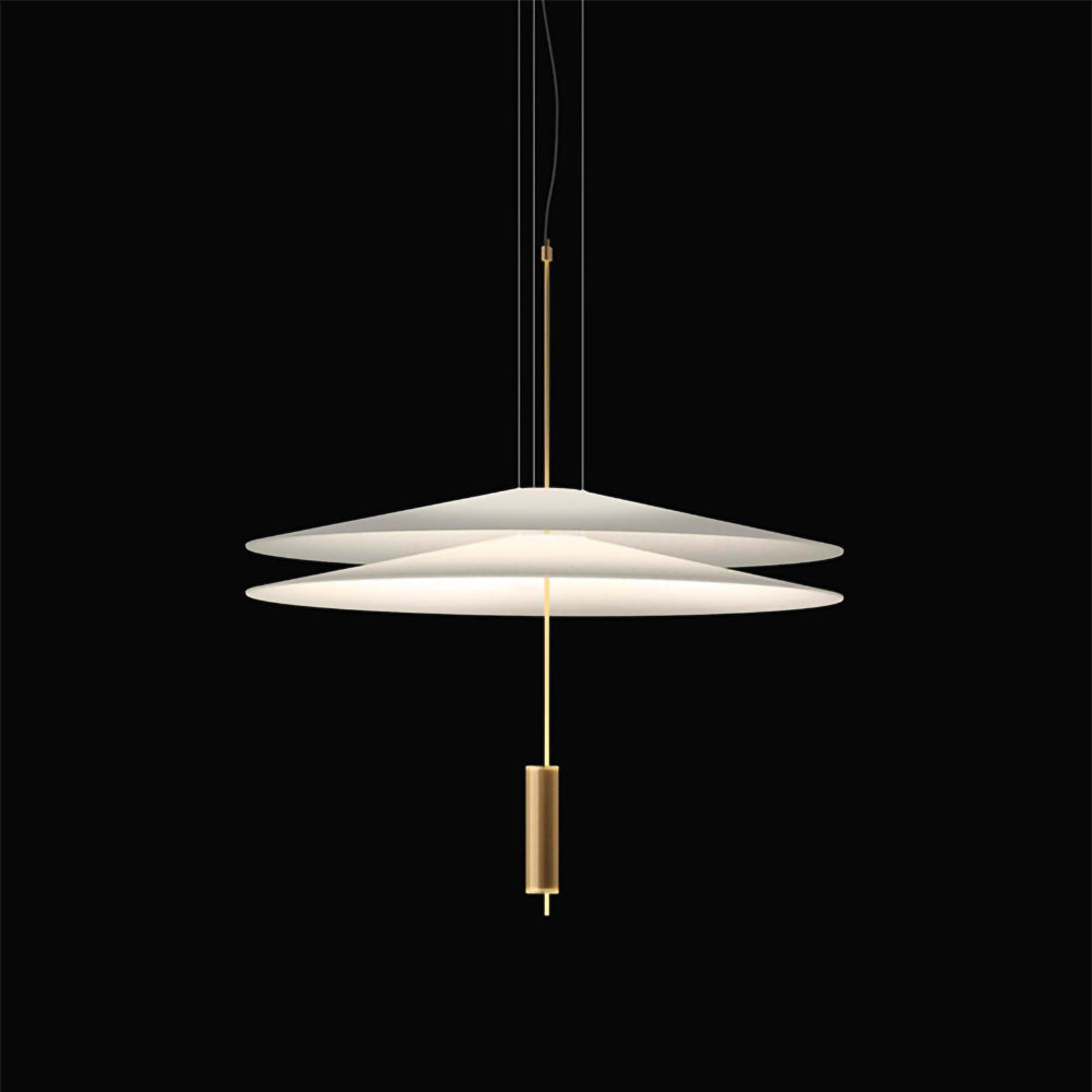 Sleek gold floating disc LED pendant, modern ceiling fixture, ambient illumination.