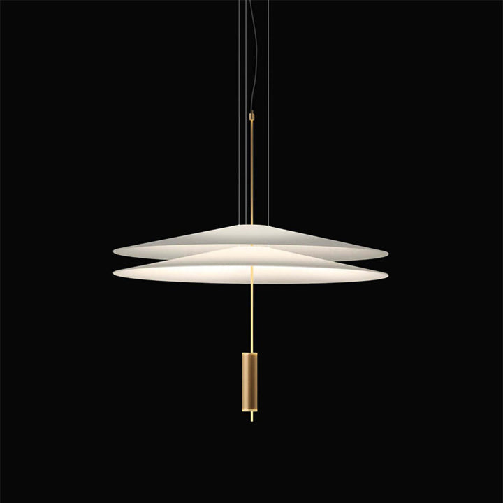 Sleek gold floating disc LED pendant, modern ceiling fixture, ambient illumination.